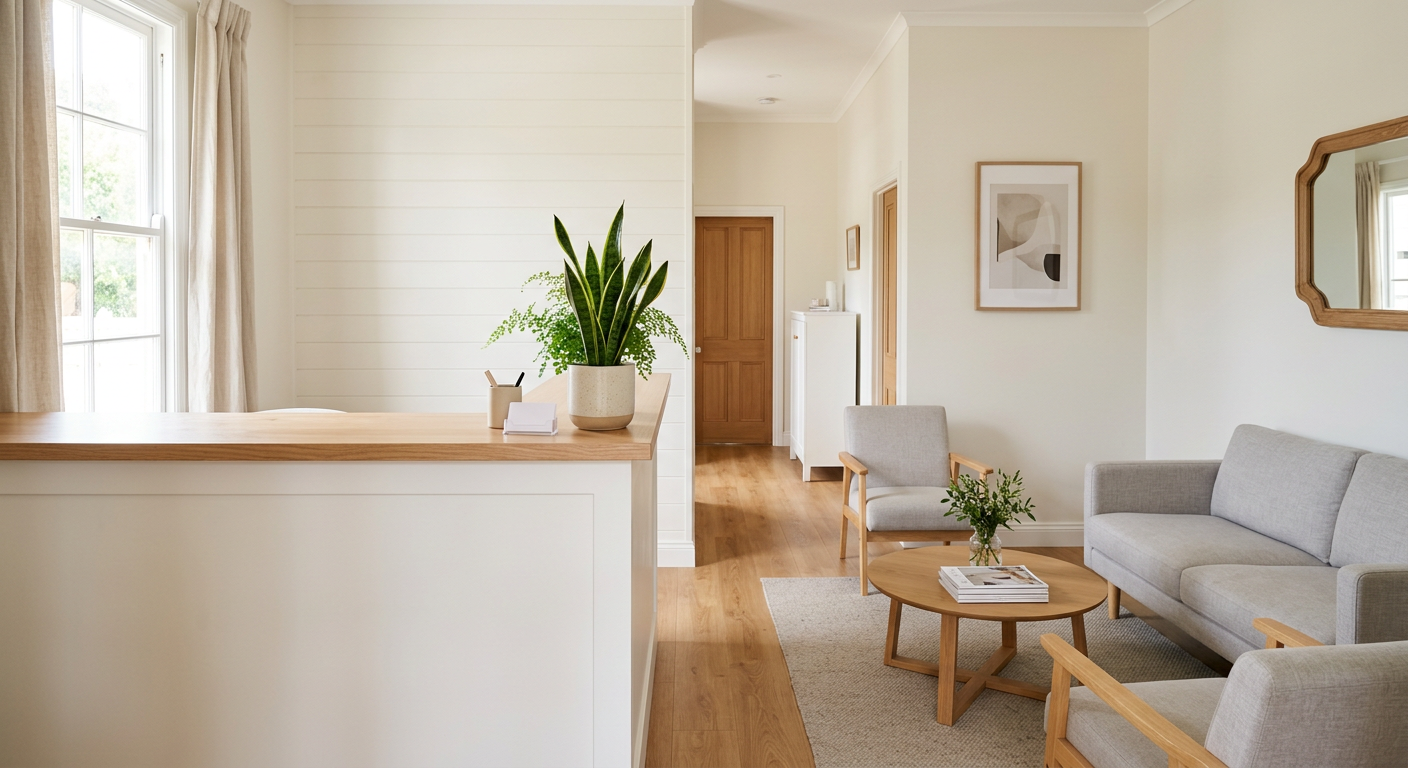 Bright, tidy dental clinic reception and waiting area