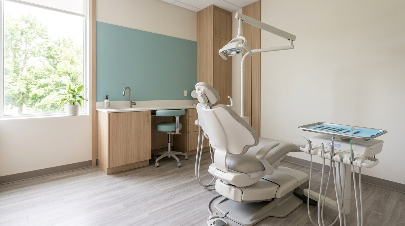 Clean, empty dental treatment room with a dental chair and overhead light